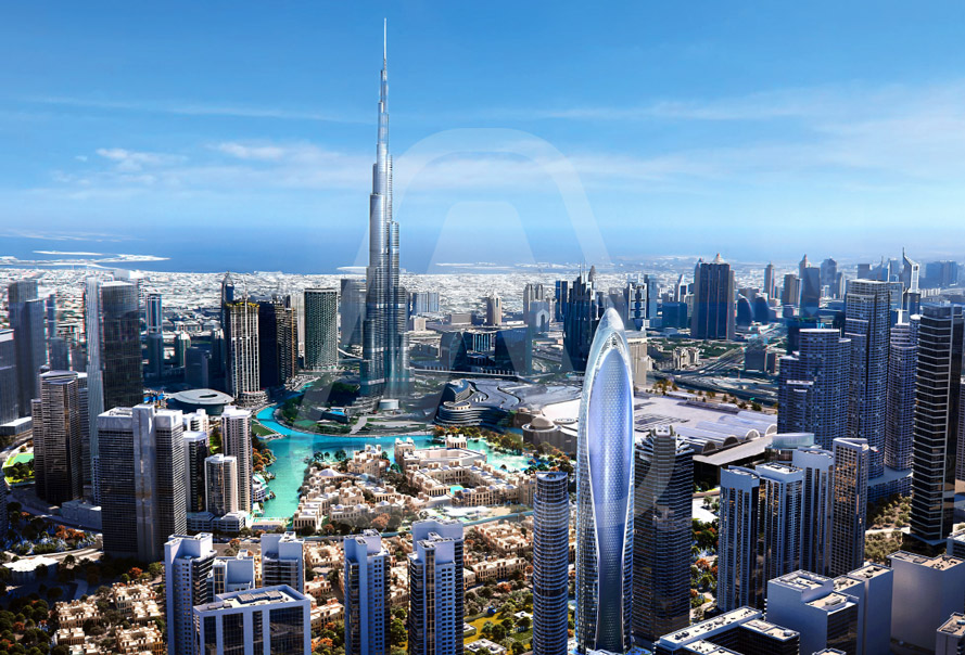 Exterior view of Mercedes-Benz Places | Binghatti luxury residences in Downtown Dubai with a backdrop of the iconic Burj Khalifa.